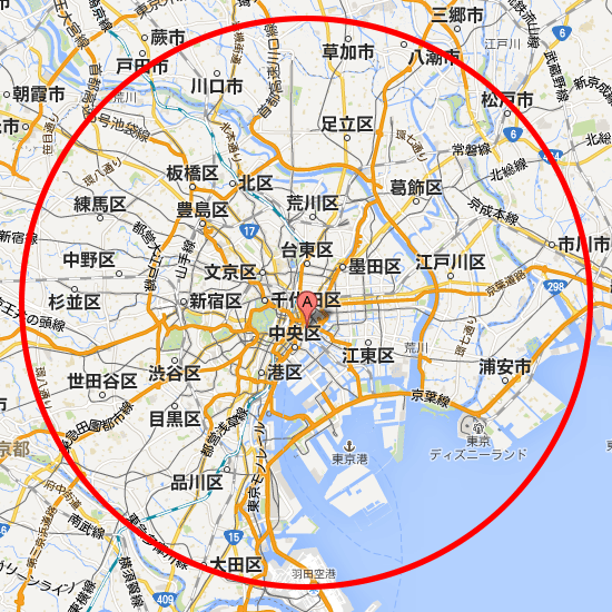 訪問歯科診療で往診できる範囲を示した地図